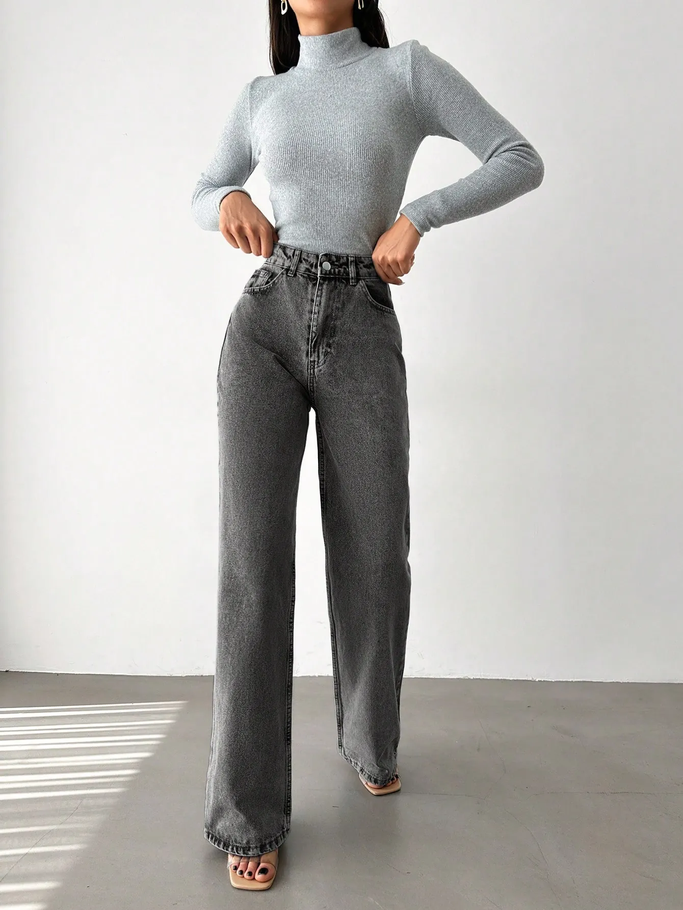 Charcoal Wide Leg High Rise Jeans - Image 3