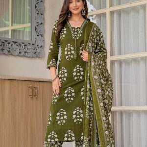 PARTHVI Women's Pure Cotton Printed Straight Kurta Set with Palazzo Pants & Dupatta