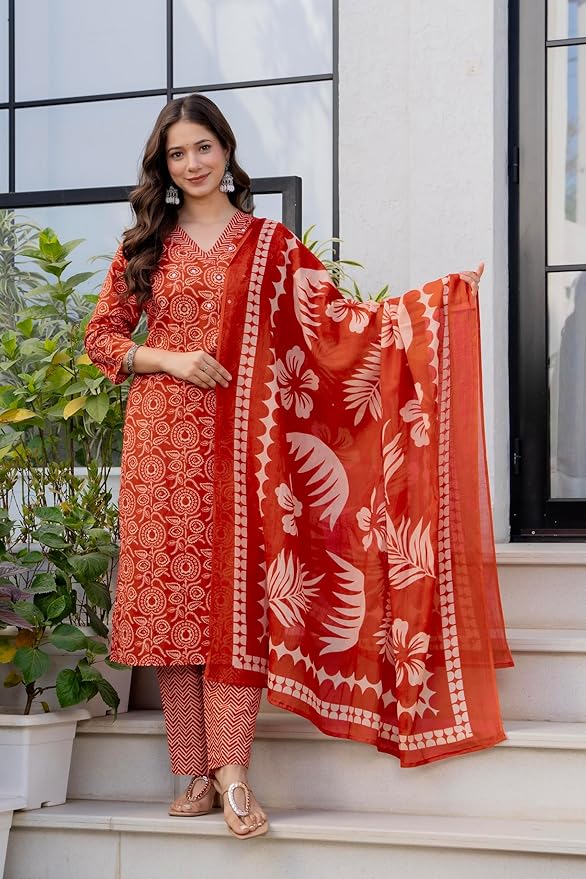 Rangnavi Women's Pure Cotton Printed Straight Kurta with Pants and Dupatta Set | Ethnic Set | Suit Set | Kurta Set
